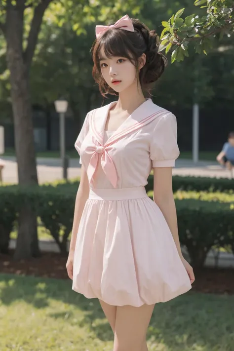 <lora:Twinkle_20240307145552:0.5>, bow, pink dress, short sleeves, sailor collar, best quality, masterpiece, illustration, realistic, photo-realistic, amazing, finely detail, incredibly absurdres, huge filesize, ultra-detailed, highres, extremely detailed CG unity 8k wallpaper, A close-up, high-resolution image of a young Korean female in a scenic school campus setting. She is wearing a pink dress with a deep V-neckline that accentuates her enhanced bust, yet maintains her slender figure. The dress features short sleeves, a sailor collar, and a bow tie. She has fluffy curls and a white, ultra-puffy short skirt. The image should have a play of light and shadow, with a focus on her alluring and dynamic pose, revealing more of her bust. The image should be a closer shot.