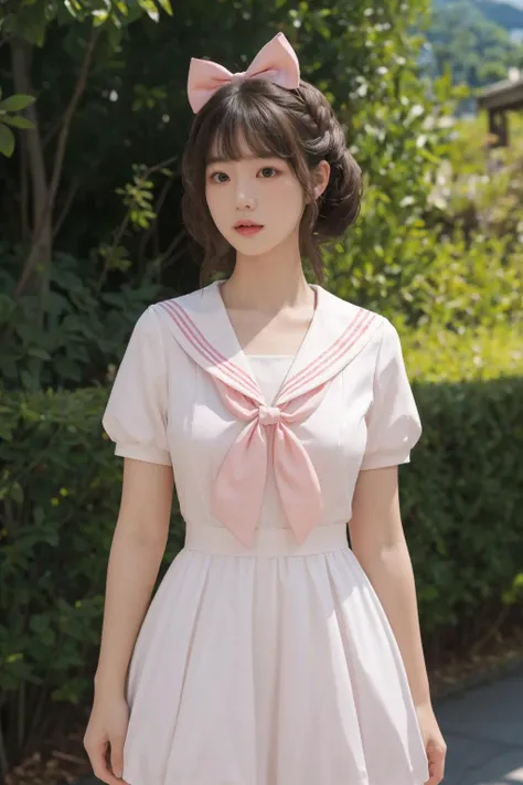 <lora:Twinkle_20240307145552:0.5>, bow, pink dress, short sleeves, sailor collar, best quality, masterpiece, illustration, realistic, photo-realistic, amazing, finely detail, incredibly absurdres, huge filesize, ultra-detailed, highres, extremely detailed CG unity 8k wallpaper, A close-up, high-resolution image of a young Korean female in a scenic school campus setting. She is wearing a pink dress with a deep V-neckline that accentuates her enhanced bust, yet maintains her slender figure. The dress features short sleeves, a sailor collar, and a bow tie. She has fluffy curls and a white, ultra-puffy short skirt. The image should have a play of light and shadow, with a focus on her alluring and dynamic pose, revealing more of her bust. The image should be a closer shot.