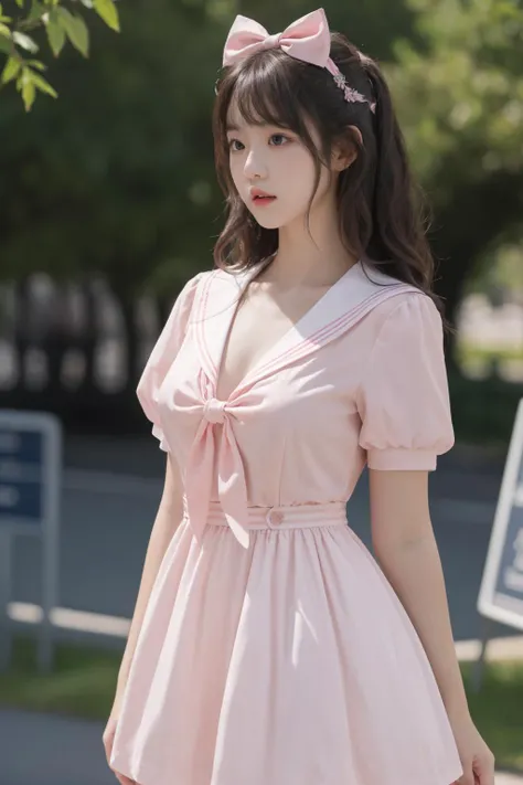 <lora:Twinkle_20240307145552:0.5>, bow, pink dress, short sleeves, sailor collar, best quality, masterpiece, illustration, realistic, photo-realistic, amazing, finely detail, incredibly absurdres, huge filesize, ultra-detailed, highres, extremely detailed CG unity 8k wallpaper, A close-up, high-resolution image of a young Korean female in a scenic school campus setting. She is wearing a pink dress with a deep V-neckline that accentuates her enhanced bust, yet maintains her slender figure. The dress features short sleeves, a sailor collar, and a bow tie. She has fluffy curls and a white, ultra-puffy short skirt. The image should have a play of light and shadow, with a focus on her alluring and dynamic pose, revealing more of her bust. The image should be a closer shot.