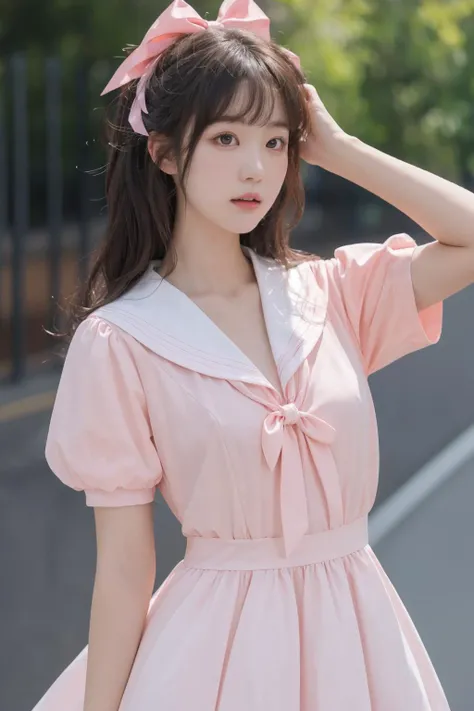 <lora:Twinkle_20240307145552:0.5>, bow, pink dress, short sleeves, sailor collar, best quality, masterpiece, illustration, realistic, photo-realistic, amazing, finely detail, incredibly absurdres, huge filesize, ultra-detailed, highres, extremely detailed CG unity 8k wallpaper, A close-up, high-resolution image of a young Korean female in a scenic school campus setting. She is wearing a pink dress with a deep V-neckline that accentuates her enhanced bust, yet maintains her slender figure. The dress features short sleeves, a sailor collar, and a bow tie. She has fluffy curls and a white, ultra-puffy short skirt. The image should have a play of light and shadow, with a focus on her alluring and dynamic pose, revealing more of her bust. The image should be a closer shot.