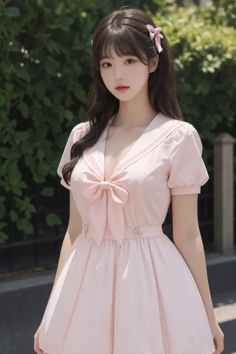 <lora:Twinkle_20240307145552:0.5>, bow, pink dress, short sleeves, sailor collar, best quality, masterpiece, illustration, realistic, photo-realistic, amazing, finely detail, incredibly absurdres, huge filesize, ultra-detailed, highres, extremely detailed CG unity 8k wallpaper, A close-up, high-resolution image of a young Korean female in a scenic school campus setting. She is wearing a pink dress with a deep V-neckline that accentuates her enhanced bust, yet maintains her slender figure. The dress features short sleeves, a sailor collar, and a bow tie. She has fluffy curls and a white, ultra-puffy short skirt. The image should have a play of light and shadow, with a focus on her alluring and dynamic pose, revealing more of her bust. The image should be a closer shot.