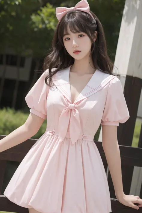 <lora:Twinkle_20240307145552:0.5>, bow, pink dress, short sleeves, sailor collar, best quality, masterpiece, illustration, realistic, photo-realistic, amazing, finely detail, incredibly absurdres, huge filesize, ultra-detailed, highres, extremely detailed CG unity 8k wallpaper, A close-up, high-resolution image of a young Korean female in a scenic school campus setting. She is wearing a pink dress with a deep V-neckline that accentuates her enhanced bust, yet maintains her slender figure. The dress features short sleeves, a sailor collar, and a bow tie. She has fluffy curls and a white, ultra-puffy short skirt. The image should have a play of light and shadow, with a focus on her alluring and dynamic pose, revealing more of her bust. The image should be a closer shot.