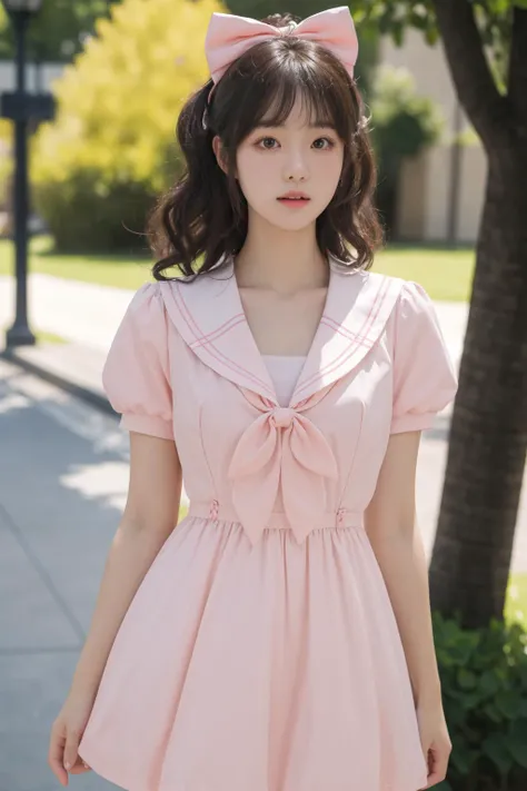 <lora:Twinkle_20240307145552:0.5>, bow, pink dress, short sleeves, sailor collar, best quality, masterpiece, illustration, realistic, photo-realistic, amazing, finely detail, incredibly absurdres, huge filesize, ultra-detailed, highres, extremely detailed CG unity 8k wallpaper, A close-up, high-resolution image of a young Korean female in a scenic school campus setting. She is wearing a pink dress with a deep V-neckline that accentuates her enhanced bust, yet maintains her slender figure. The dress features short sleeves, a sailor collar, and a bow tie. She has fluffy curls and a white, ultra-puffy short skirt. The image should have a play of light and shadow, with a focus on her alluring and dynamic pose, revealing more of her bust. The image should be a closer shot.