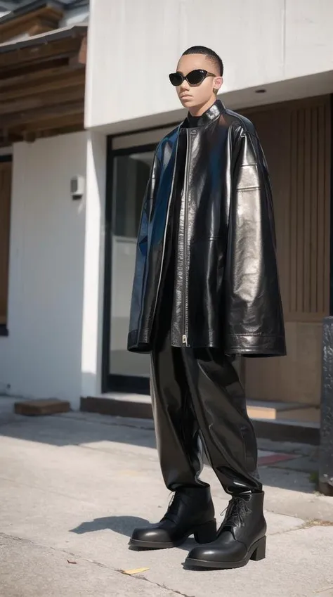 Outdoor photoshoot ((best quality)), ((masterpiece)), <lora:balenciaga_66160_lora:1> BALENCIAGA, Leather coat, Oversize bottom , sunglasses