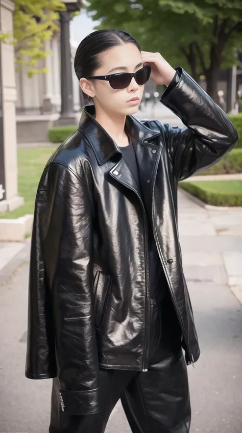 Outdoor photoshoot ((best quality)), ((masterpiece)), <lora:balenciaga_66160_lora:1> BALENCIAGA, Leather coat, overall , sunglasses