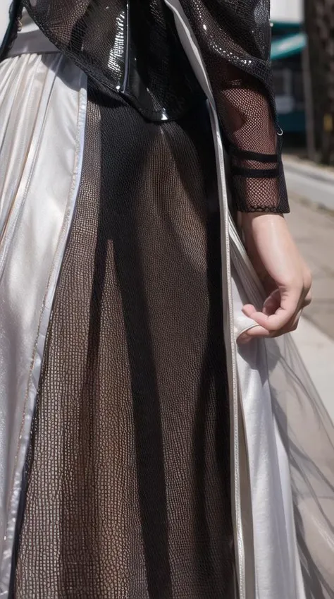 Outdoor photoshoot ((best quality)), ((masterpiece)), ( extreme detailed, highest detailed, official art, beautiful and aesthetic:1.2), <lora:add_detail:1> <lora:balenciaga_66160_lora:1> BALENCIAGA, Mesh Oversize Jacket, tight long skirt