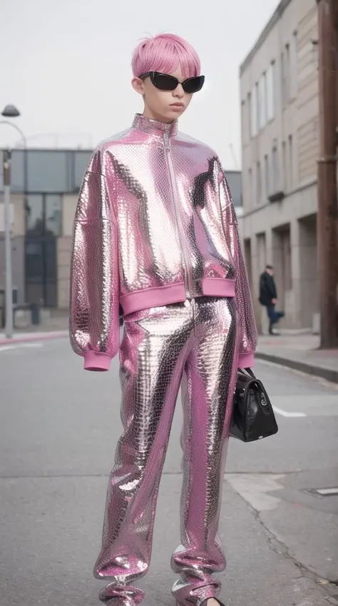 Pink photoshoot ((best quality)), ((masterpiece)),  <lora:balenciaga_66160_lora:1> BALENCIAGA, Leather, Mesh, sunglasses