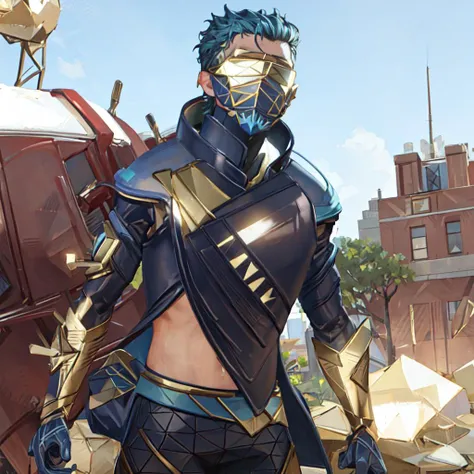 masterpiece, highres, simple background,
octane_\(apex legends\), hair slicked back, 1boy, male focus, solo, blue hair, gloves, mask, mouth mask,