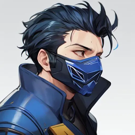masterpiece, highres, simple background,
octane_\(apex legends\), hair slicked back, 1boy, male focus, solo, blue hair, gloves, mask, mouth mask, from side,
