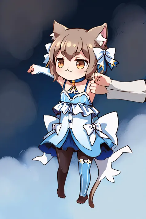 (masterpiece, best quality:1.2), IncrsLcmSolo, full body, chibi, solo, felix argyle, otoko no ko, :3, hair bow, dress, striped, ribbon, detached sleeves, pantyhose, blue choker, tail, collarbone <lora:LongcatMemeSolo:1> <lora:rezero_felixargyle:1>