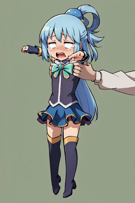 (masterpiece, best quality:1.2), IncrsLcmSolo, full body, chibi, solo, 1girl, ksaqua, sad, crying, tears, hair rings, blue shirt, bow, detached sleeves, skirt, thigh boots <lora:LongcatMemeSolo:1> <lora:konosuba_aqua:1>