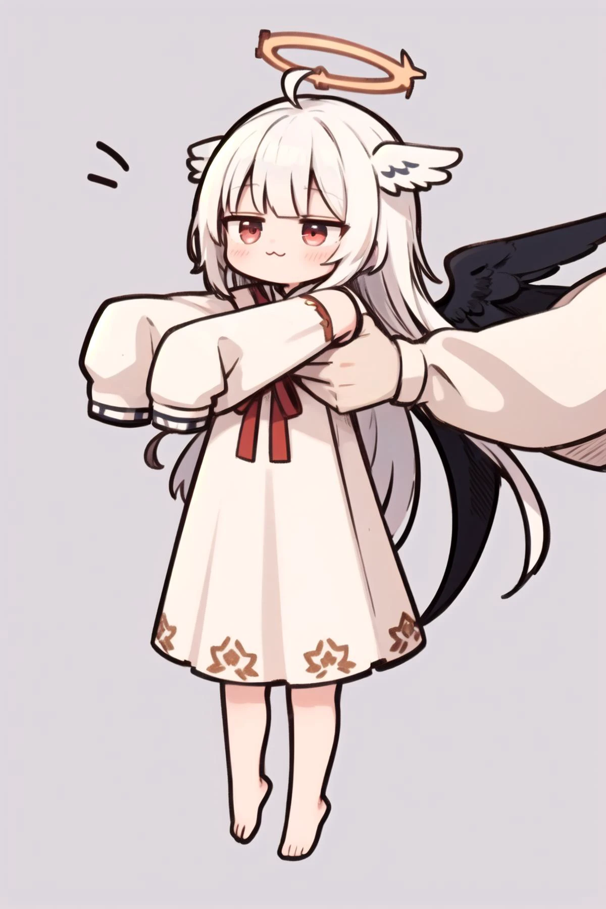 chibi,:3,full body,ahoge,<lora:LongcatMemeSolo:1>,IncrsLcmSolo,long body,sundress, long hair, red eyes, white hair, <lora:moesode:1> ,(sleeves past wrists:1.2), (sleeves past fingers:1.2),long sleeves, (angel wings:1.2),angel wings, halo,
simple background, white background,