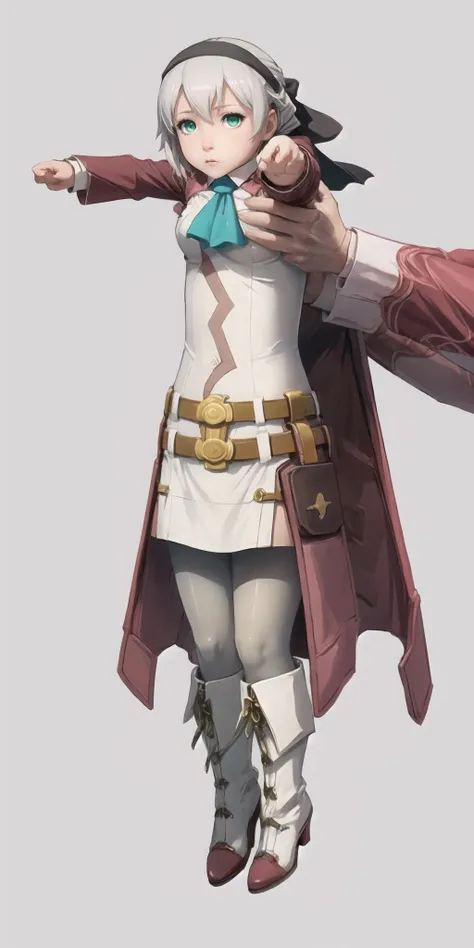 High Quality, Masterpiece,  <lora:LongcatMemeSolo:1>, incrslcmsolo, full body, simple background, white background, 1girl, chibi, elie macdowell, green eyes, hairband, blue ascot, hair ribbon, long sleeves, belt, pantyhose, white boots, <lora:Char_Meme_ElieMacDowell:0.9>