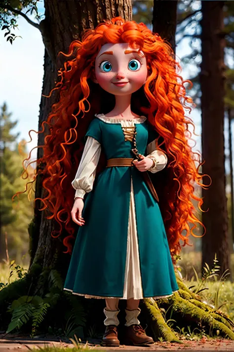 merida_v1, long orange hair, curly hair, blue eyes, green dress, clothing cutout, brown shoes, looking at viewer, smiling, full body shot, standing, outside, hand on hip, trees, forest, natural lighting, high quality, masterpiece, <lora:MERIDA_V1:.7>