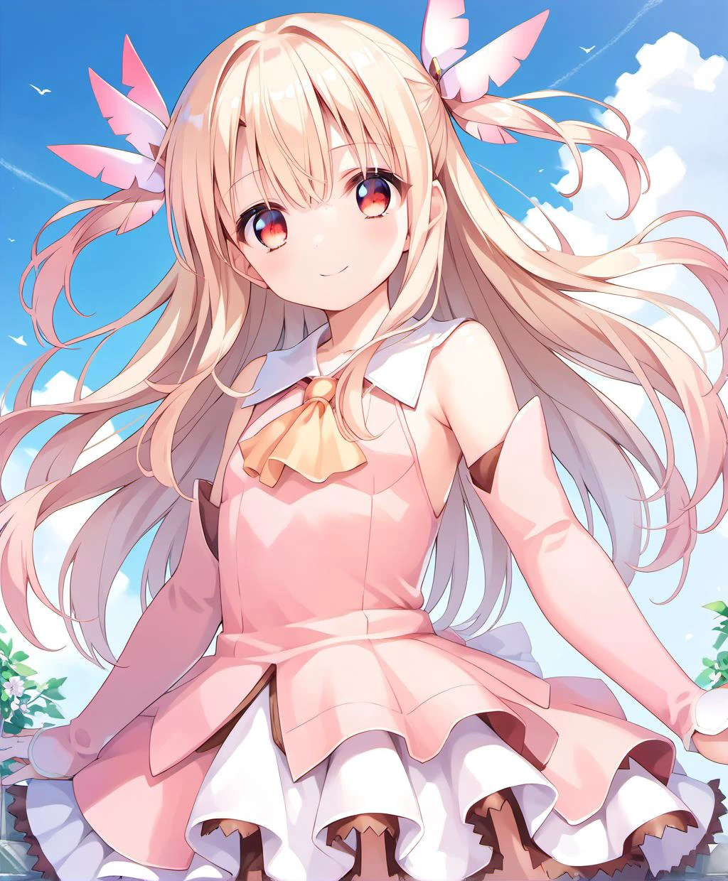 score_9,score_8_up,score_7_up,source_anime,1girls, solo, flat chest, red eyes,long hair, pale blonde, prisma-iliya, pink stockings, pink dress with frills, light smile,outdoor,sky,upper body,cowboy shot,best quality, masterpiece, <lora:prisma-iliya:0.8>