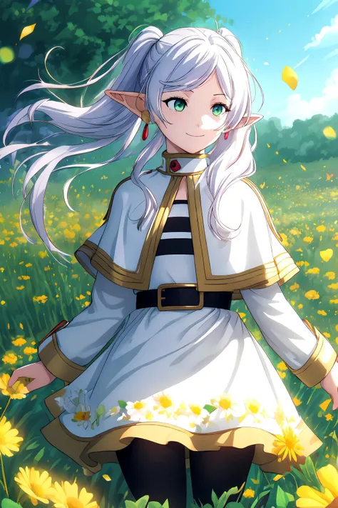 ((Masterpiece)), ((best quality)), (perfect composition), (perfect anatomy), illustration, high-res, realistic, extremely detailed, prefect lighting, dynamic angle, absurdres, 1girl, Frieren, sole, full body, elf, heroine, dance with the wind in the garden, green eyes, white hair, pointy ears, twintails, long hair, bangs, listening to nature relaxing music, pantyhose, striped shirt, white capelet, striped, long sleeves, black pantyhose, boots, brown footwear, dress, jewelry, parted bangs, earrings, shirt, enjoying smile, happiness, expressionless, detailed face description, detailed eyes description, garden, playing, blue sky, atmospheric perspective, depth of field, thousand flowers spread across all the green plain, flower petals are blown floating in air, sea of flowers, nature outdoor, deeply feel the beauty of nature, advanced cg, floating bangs.
<lora:FrierenV1:0.7> <lora:rainbow:0.35> <lora:add_detail:0.35> <lyco:torogao_v4-000010:0.25>