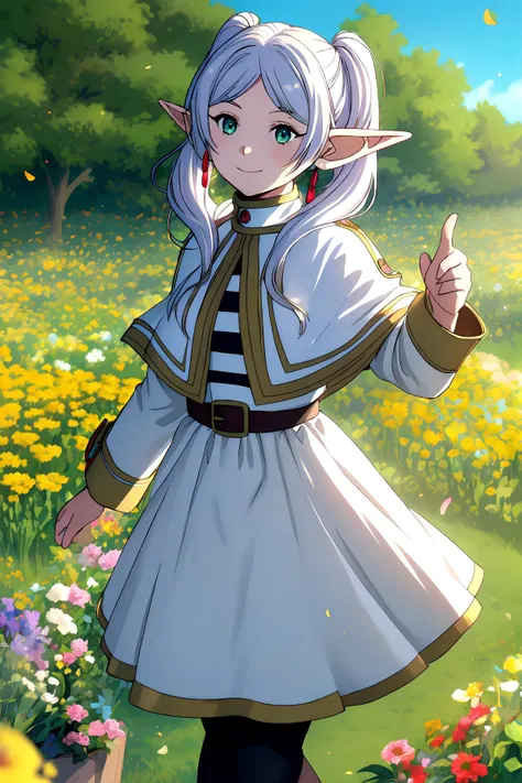 ((Masterpiece)), ((best quality)), (perfect composition), (perfect anatomy), illustration, high-res, realistic, extremely detailed, prefect lighting, dynamic angle, absurdres, 1girl, Frieren, sole, full body, elf, heroine, dance with the wind in the garden, green eyes, white hair, pointy ears, twintails, long hair, bangs, listening to nature relaxing music, pantyhose, striped shirt, white capelet, striped, long sleeves, black pantyhose, boots, brown footwear, dress, jewelry, parted bangs, earrings, shirt, enjoying smile, happiness, expressionless, detailed face description, detailed eyes description, garden, playing, blue sky, atmospheric perspective, depth of field, thousand flowers spread across all the green plain, flower petals are blown floating in air, sea of flowers, nature outdoor, deeply feel the beauty of nature, advanced cg.
<lora:FrierenV1:0.7> <lora:rainbow:0.35> <lora:add_detail:0.35> <lyco:torogao_v4-000010:0.25>