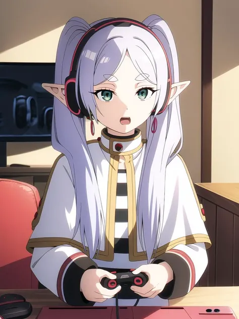masterpiece, best quality, living room background, table, keyboard on table, holding PC mouse, looking at display, (wearing gaming headphones:1.5), open mouth, angry, <lora:FrierenV1:0.6> Frieren, pointy ears, twintails, green eyes, elf, long hair, white hair, thick eyebrows, parted bangs, striped shirt, white capelet, striped, long sleeves, dress, jewelry, earrings, shirt,