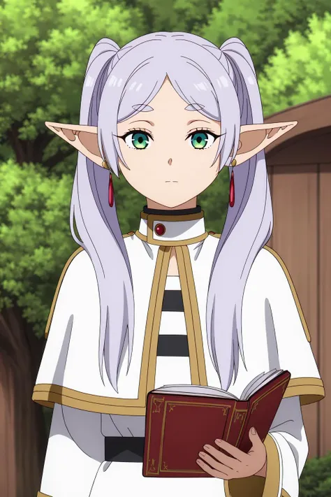 ((best quality)),((highly detailed)),masterpiece,absurdres,detailed face,beautiful face,(detailed eyes, deep eyes),1girl((dynamic pose)),  <lora:FrierenV1:0.7>, Frieren, book, pointy ears, solo, twintails, jewelry, green eyes, white hair, earrings, elf, open book, holding, holding book, long hair, upper body, reading, outdoors, long sleeves, bangs, closed mouth, day, blurry, parted bangs, blurry background, expressionless, thick eyebrows, tree, robe, white capelet