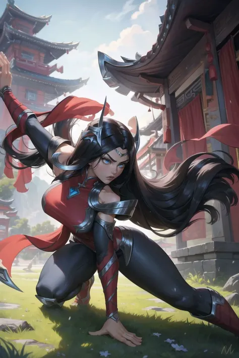 (masterpiece:1.2), (best quality:1.2), black hair, long hair, medium breasts, muscular, serious expression,
<lora:lol_irelia1.2:1>, irelia, 1girl, bodysuit, bare shoulders, forehead protector, hair ornament, armor,
in front of chinese temple,