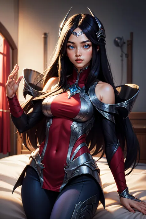 (masterpiece, best quality:1.2), intricate details, <lora:GoodHands-beta2:1>, <lora:lol_irelia1.2-000008:1>, irelia, 1girl, bodysuit, bare shoulders, forehead protector, hair ornament, armor