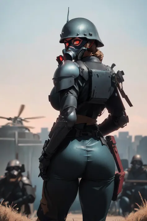 <lora:Panzercop:0.7>, (mature female:1.2), (adult woman:1.2), ass focus, (huge ass), (huge breasts), rear view, curvy, (Midnight), (gas_mask),( helmet), Panzercop, armor, red_eyes, ((helicopter)), glowing_eyes, pauldron, shoulder_armor, realistic, gunfight, (nsfw), (nude),, (8k uhd, cinematic lighting, high quality, film grain),