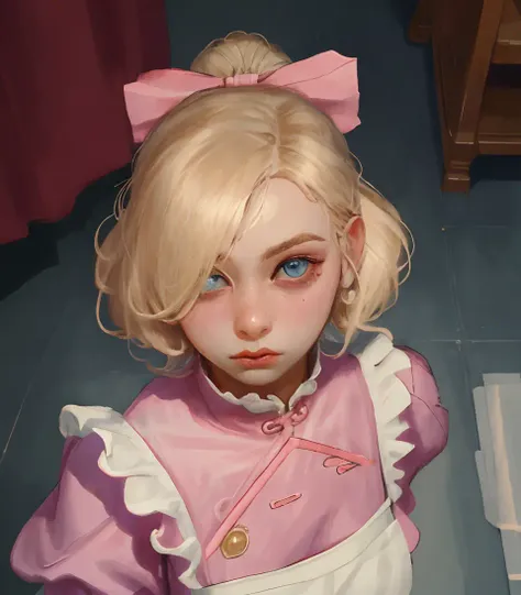 pink pastel maid, wavy blonde hair, streaked hair, very heavy eyeliner, tan, giant hair bow, pink, pastel colors, blue eyes eyes, eyeshadow,kitchen, pink maid uniform, hair over one eye, pov, (close up:1.0), (pov:1.2), from above, ink lips