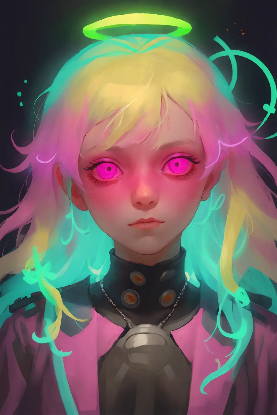 (close-up), portrait, portrait, (solo), masterpiece, best quality, clothes high contrast, psychedelic, [[[lsd]]], particles, bloom, neon lighting, (glow), flat color, splashes of color, colors mashing