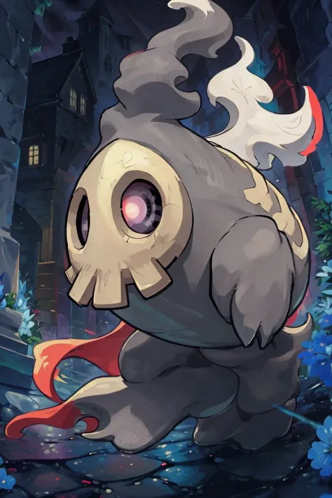 ((masterpiece,best quality)), absurdres,
<lora:Duskull_Pokemon_Anime:1>, Duskull_Pokemon, no humans, pokemon \(creature\), side view, traditional_youkai,
solo, smiling, looking at viewer,
purple theme, graveyard in background,