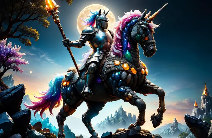 amazing quality, masterpiece, best quality, hyper detailed, ultra detailed, UHD, depth of field, cinematic lighting, moon light,
a knight on unicorn,
the dazzling unicorn kicked up their feet, jumping unicorn, armored unicorn,
wearing heavy armor,
holding spear in hand,
wandering on rock terrain,
fantasy realistic painting style,
transparent and polishing ral-ntrgmstn,
<lora:ral-ntrgmstn-sdxl:1.0>,
<lora:add-detail-xl:0.8>,
<lora:EnvyBetterHiresFixXL01:0.8>,
