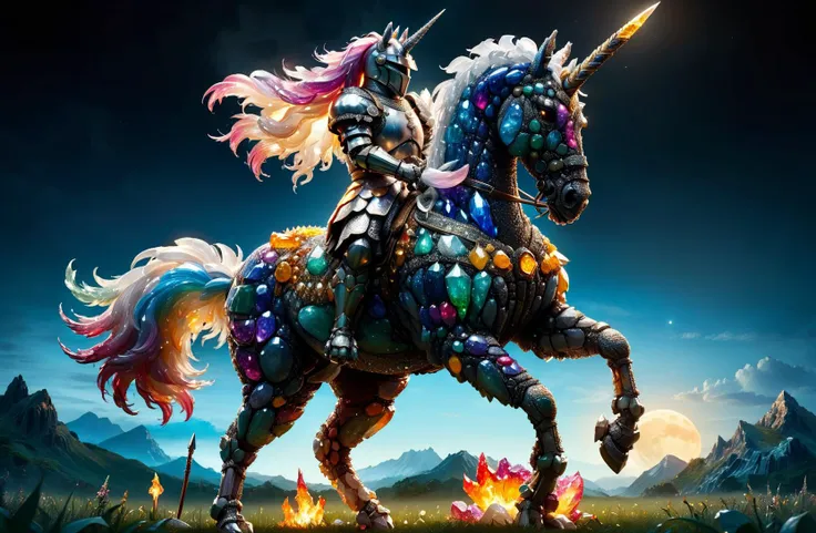 amazing quality, masterpiece, best quality, hyper detailed, ultra detailed, UHD, depth of field, cinematic lighting, moon light,
a knight on unicorn,
the dazzling unicorn kicked up their feet, jumping unicorn, armored unicorn,
wearing heavy armor,
holding spear in hand,
wandering on grass terrain,
fantasy realistic painting style,
transparent and polishing ral-ntrgmstn,
<lora:ral-ntrgmstn-sdxl:1.1>,
<lora:add-detail-xl:0.8>,
<lora:EnvyBetterHiresFixXL01:0.8>,