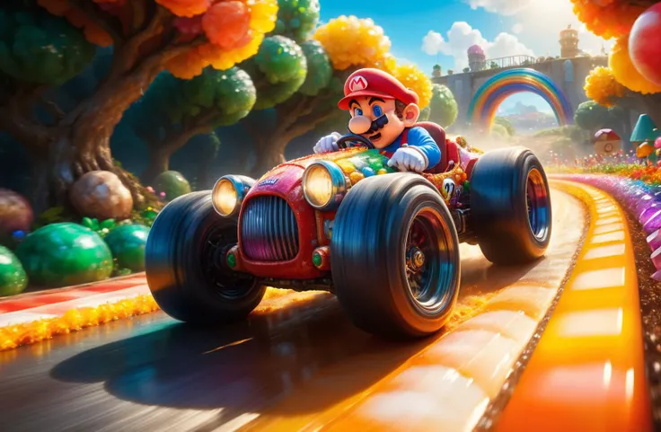 amazing quality, masterpiece, best quality, hyper detailed, ultra detailed, UHD, depth of field, cinematic lighting, sunny,
mario driving a racing car, run wildly,ral-ntrgmstn rainbow,
wandering on track,
fantasy realistic painting style,
transparent and polishing,
<lora:ral-ntrgmstn-sdxl:1.0>,
<lora:add-detail-xl:0.8>,
<lora:EnvyBetterHiresFixXL01:0.8>,
