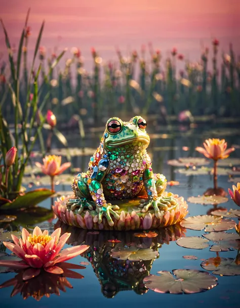 A frog prince with emerald green eyes is sitting on a lily pad in a tranquil pond surrounded by tall reeds and colorful flowers. The water is still and reflects the sky above, which is painted with hues of pink and orange as the sun sets behind the trees. In the distance, ral-ntrgmstn gemstones glimmer and sparkle in the light, adding to the enchanting ambiance. The frog prince's gaze is fixed on a group of wishes floating on the surface of the water, each one shimmering with a rainbow hue. The wishes are made of ral-ntrgmstn gemstones and seem to dance in the breeze, their movements graceful and hypnotic. The frog prince's eyes follow them intently, as if he is waiting for the perfect moment to make his own wish.
