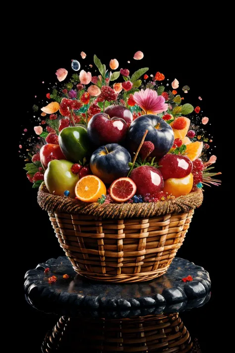 basket of fruits, splash water, flying petals, depth of field, clean background, made of ral-ntrgmstn <lora:ral-ntrgmstn:1>