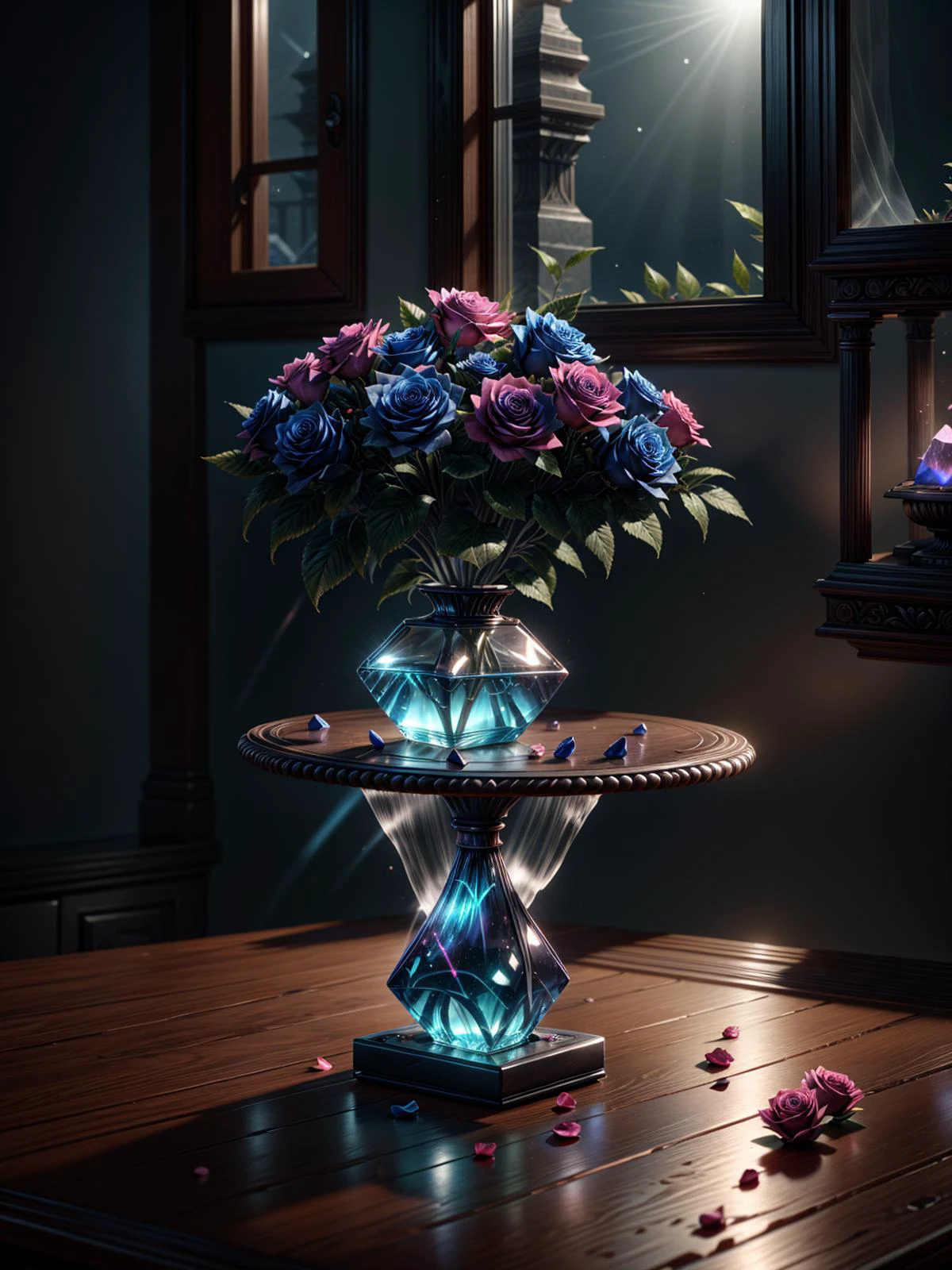 (((videogame_style))), lineart:1.2, (sharp focus:1.2), lineart, flat color, monochrome, greyscale, ((1 blue rose made of ral-ntrgmstn <lora:ral-ntrgmstn:0.7>)), (moody lightning:1.2), soft grey light, depth of field, bokeh, 4k, HDR,, beautiful blue rose Illuminated by the ethereal glow of studio lightning, the light is reflecting shadows on the blue saphirs, the light reflection sparcles around it, the harmonic play of light and shadow underlines the natural beauty of the blue roses,, (the petals are velvety and silky curved:1.2), (high contrast to catch the play of light and shadows),, one blue rose:(For the viewer, the flower appears alive, as if a glimpse of her inner sparkle is possible),,simple light grey background, by night, peacful and grateful atmosphere, painted hearts, magical atmosphere, (flying pink dahlia inside a transparent crystal cube) on a dessert table in front of a bright window, the moonlight casts a beam of light onto the flower and seems to melt your ice cube in which the flower is located, water mist emanates from the cube, award winning art <lora:more_details:0.8> <lora:dAIversity-LoRAtest-Photoreal-SD15-01:0.9>,, deserted space, landscape, detail colour is blue, magical atmosphere, fairytale like