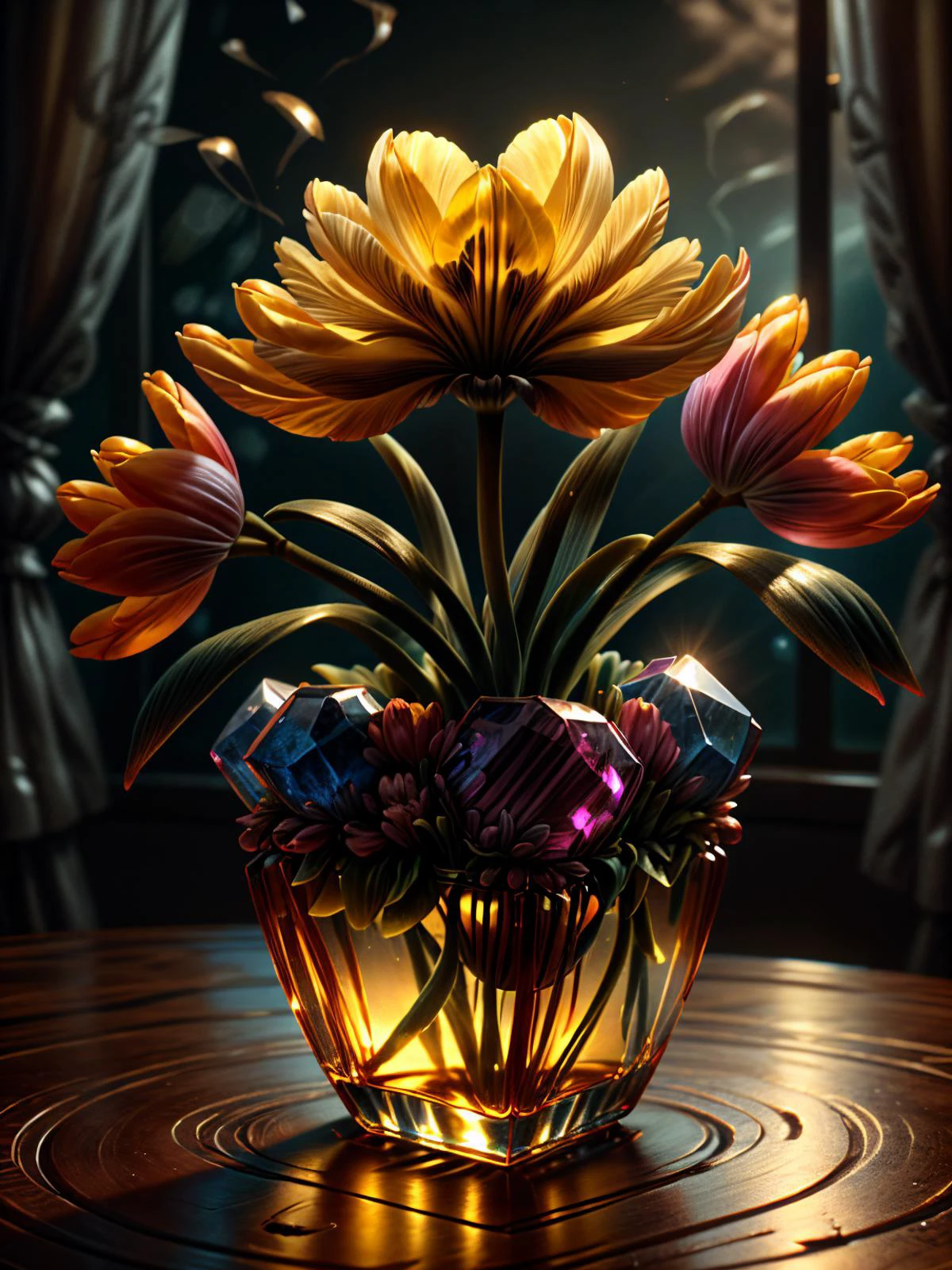 (((videogame_style))), lineart:1.2, (sharp focus:1.2), lineart, flat color, monochrome, greyscale, ((1 yellow tulip made of ral-ntrgmstn <lora:ral-ntrgmstn:1>)), (moody lightning:1.2), soft grey light, depth of field, bokeh, 4k, HDR,, beautiful yellow tulip Illuminated by the ethereal glow of studio lightning, the light is reflecting shadows on the yellow tulip patels, the light reflection sparcles around it, the harmonic play of light and shadow underlines the natural beauty of the yellow tulip,, (the petals are velvety and silky curved:1.2), (high contrast to catch the play of light and shadows),, one yellow tulip:(For the viewer, the flower appears alive, as if a glimpse of her inner sparkle is possible),,simple light grey background, by night, peacful and grateful atmosphere, painted hearts, magical atmosphere, (flying pink dahlia inside a transparent crystal cube) on a dessert table in front of a bright window, the moonlight casts a beam of light onto the flower and seems to melt your ice cube in which the flower is located, water mist emanates from the cube, award winning art <lora:more_details:0.8> <lora:dAIversity-LoRAtest-Photoreal-SD15-01:1>,, deserted space, landscape, detail colour is yellow