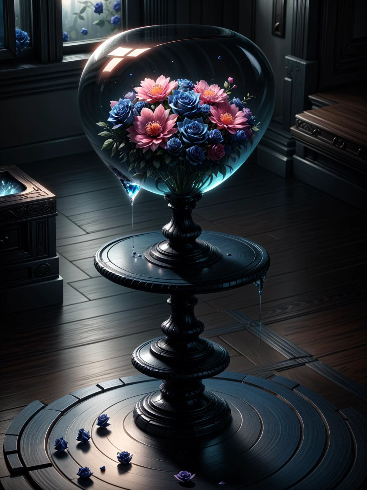 (((videogame_style))), lineart:1.2, (sharp focus:1.2), lineart, flat color, monochrome, greyscale, ((1 blue rose made of ral-ntrgmstn <lora:ral-ntrgmstn:0.7>)), (moody lightning:1.2), soft grey light, depth of field, bokeh, 4k, HDR,, beautiful blue rose Illuminated by the ethereal glow of studio lightning, the light is reflecting shadows on the blue saphirs, the light reflection sparcles around it, the harmonic play of light and shadow underlines the natural beauty of the blue roses,, (the petals are velvety and silky curved:1.2), (high contrast to catch the play of light and shadows),, one blue rose:(For the viewer, the flower appears alive, as if a glimpse of her inner sparkle is possible),,simple light grey background, by night, peacful and grateful atmosphere, painted hearts, magical atmosphere, (flying pink dahlia inside a transparent crystal cube) on a dessert table in front of a bright window, the moonlight casts a beam of light onto the flower and seems to melt your ice cube in which the flower is located, water mist emanates from the cube, award winning art <lora:more_details:0.8> <lora:dAIversity-LoRAtest-Photoreal-SD15-01:0.9>,, deserted space, landscape, detail colour is blue, magical atmosphere, fairytale like