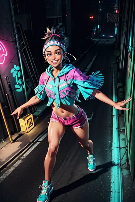 (masterpiece, best quality, highres, absurdres, ultra-detailed:1.3), 1girl, <lora:LilyMS:0.8>lilyms, jewelry, headband, poncho, fringe trim, tribal, magenta shorts, midriff, (cyberpunk, city street, luminescent, iridescent, holographic, graffiti, turquoise neon, running, smile, flirt), ((from above)) <lora:Squeezer2:0.6>,  <lora:add_detail_v1:0.8>,  <lora:LowRA:0.75>