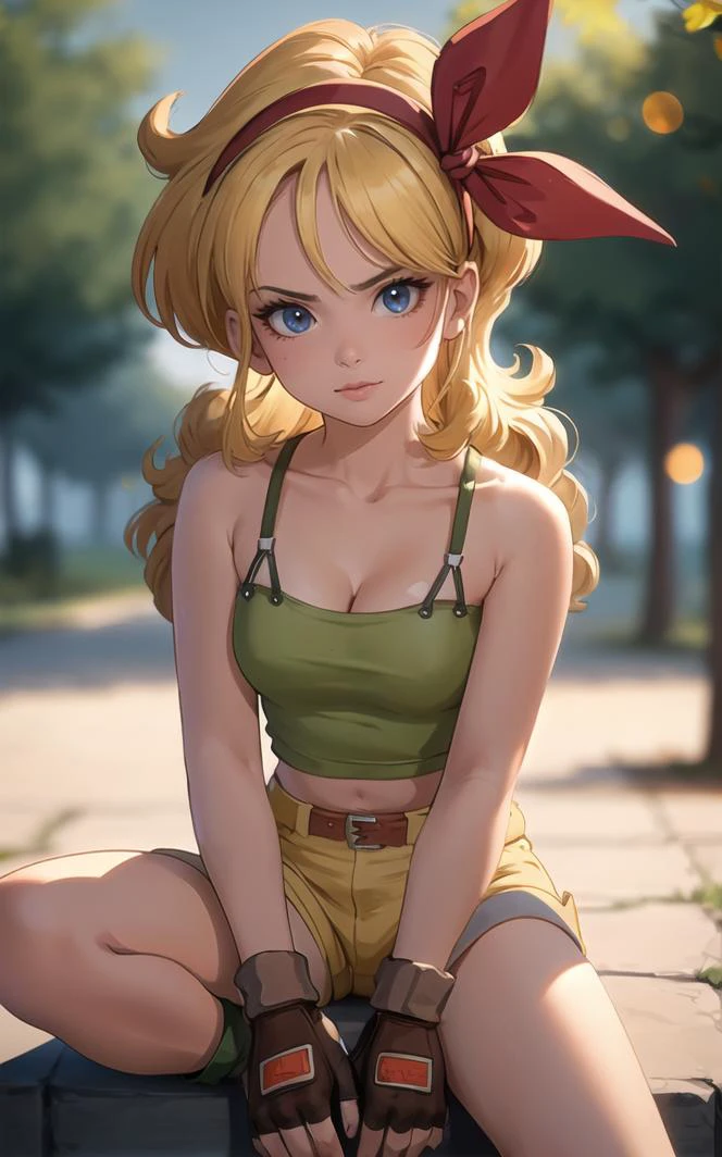 ((masterpiece, best quality)), insaneres, absurdres, solo, looking at viewer,
BlondeHair_BadLaunch_ownwaifu,
1girl, long hair, blonde hair, curly hair, hair ribbon, blue eyes, medium breasts, red hairband, eyelashes, bangs,
green shirt, yellow shorts, crop top, midriff, fingerless gloves, cleavage, bare shoulders, navel, short shorts, collarbone, tank top, belt, brown gloves, thigh strap, bare legs,
outdoors, lens flare, depth of field, bokeh, vanishing point,
(sitting, head tilt)<lora:ANIME_DragonBall_Launch_ownwaifu:1>,