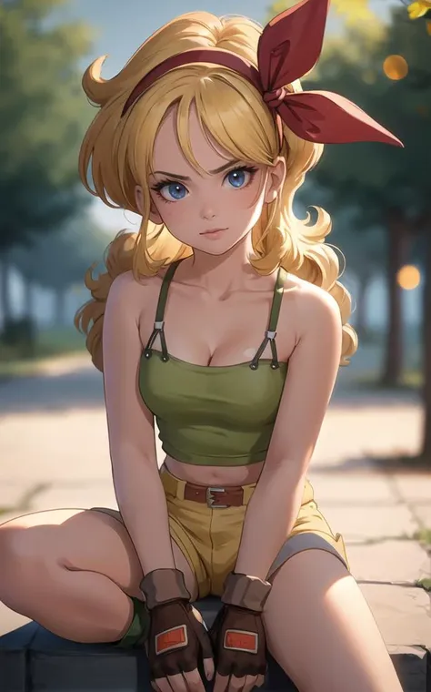 ((masterpiece, best quality)), insaneres, absurdres, solo, looking at viewer,
BlondeHair_BadLaunch_ownwaifu,
1girl, long hair, blonde hair,  curly hair, hair ribbon, blue eyes, medium breasts, red hairband, eyelashes, bangs, 
green shirt,  yellow shorts, crop top, midriff, fingerless gloves, cleavage, bare shoulders, navel, short shorts, collarbone, tank top, belt, brown gloves,  thigh strap, bare legs, 
 outdoors, lens flare, depth of field, bokeh, vanishing point,
(sitting, head tilt)<lora:ANIME_DragonBall_Launch_ownwaifu:1>,