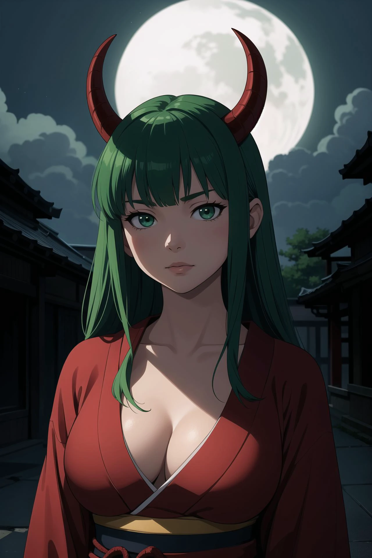 1girl, bangs, breasts, cleavage, collarbone, green_eyes, kimono, (cinematic, atmospheric:1.3), oni, samurai, green_hair, horns, japanese_clothes, kimono, large_breasts, long_hair, looking_at_viewer, open_clothes, solo, upper_body