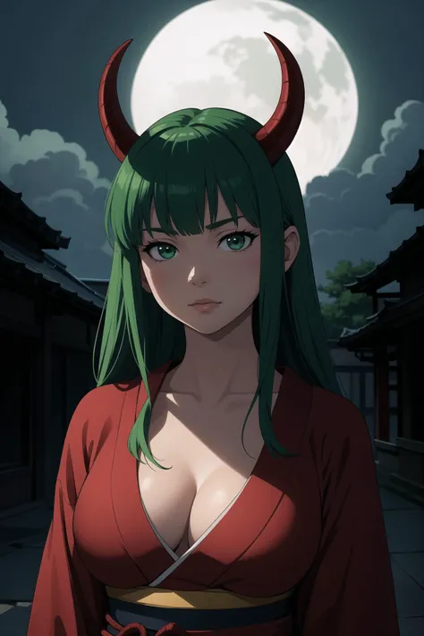 1girl, bangs, breasts, cleavage, collarbone, green_eyes, kimono, (cinematic, atmospheric:1.3), oni, samurai, green_hair, horns, japanese_clothes, kimono, small_breasts, long_hair, looking_at_viewer, open_clothes, solo, upper_body