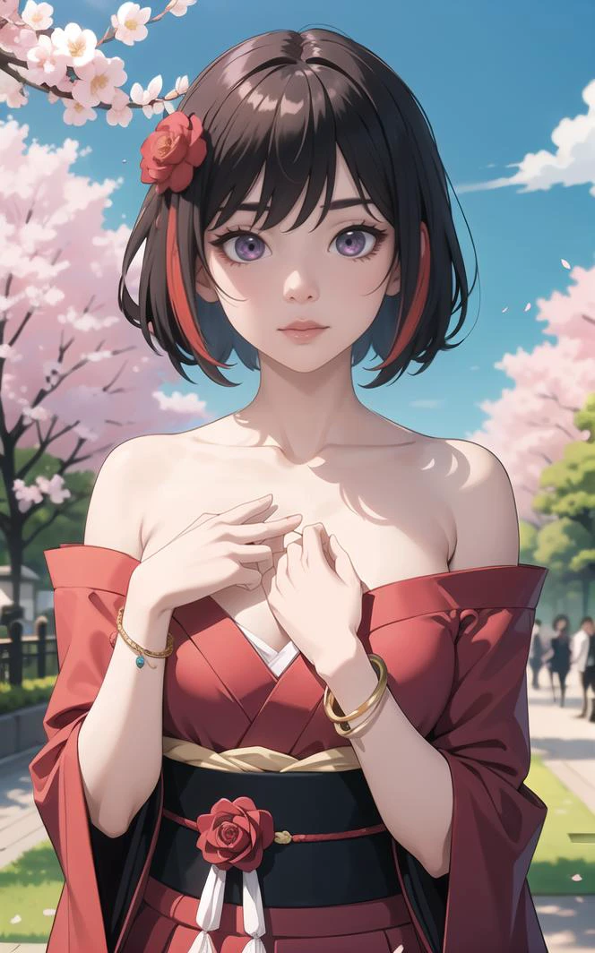 (highres,masterpiece,detailed) <lora:add_detail:0.6> 1girl, bangs, bare_shoulders, black_hair, blue_sky, blush, bracelet, branch, breasts, brown_eyes, camellia, cherry_blossoms, cloud, collarbone, colored_inner_hair, day, dress, falling_petals, flower, hair_between_eyes, hair_flower, hair_ornament, hanami, hand_on_own_chest, holding_flower, japanese_clothes, jewelry, kimono, looking_at_viewer, multicolored_hair, off_shoulder, open_mouth, outdoors, petals, petals_on_liquid, pink_flower, pink_rose, plum_blossoms, red_flower, red_hair, red_rose, rose, rose_petals, short_hair, sky, smile, solo, spring_\(season\), tree, two-tone_hair