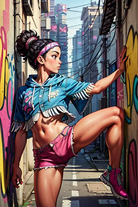 (masterpiece, best quality, highres, absurdres, ultra-detailed:1.3), 1girl, <lora:LilyMS:0.8>lilyms, jewelry, headband, poncho, fringe trim, tribal, magenta shorts, midriff, (cyberpunk, city street, graffiti, leaning on wall, raised leg), ((from side)) <lora:Squeezer2:0.6>,  <lora:add_detail_v1:0.8>