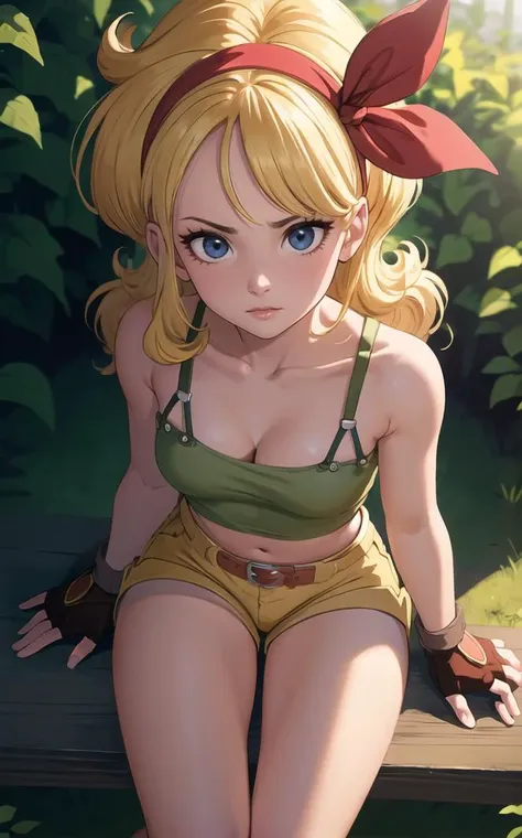 ((masterpiece, best quality)), insaneres, absurdres, solo, looking at viewer,
BlondeHair_BadLaunch_ownwaifu,
1girl, long hair, blonde hair,  curly hair, hair ribbon, blue eyes, medium breasts, red hairband, eyelashes, bangs, 
green shirt,  yellow shorts, crop top, midriff, fingerless gloves, cleavage, bare shoulders, navel, short shorts, collarbone, tank top, belt, brown gloves,  thigh strap, bare legs, 
 outdoors, lens flare, depth of field, bokeh, vanishing point,
(from above, sitting)<lora:ANIME_DragonBall_Launch_ownwaifu:0.9>,