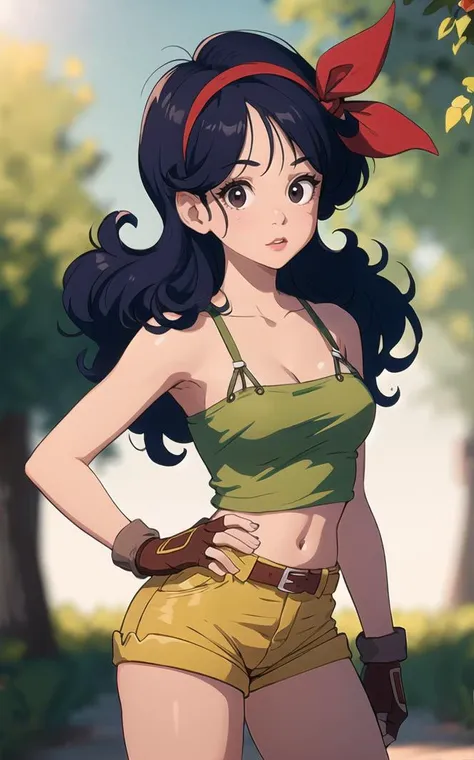 ((masterpiece, best quality)), insaneres, absurdres, solo, looking at viewer,
BlackHair_GoodLaunch_ownwaifu,
1girl, long hair, blue hair, curly hair, hair ribbon, black eyes, medium breasts, red hairband, eyelashes, bangs, 
green shirt,  crop top, midriff, fingerless gloves, cleavage, bare shoulders, navel, short shorts, collarbone, yellow shorts, tank top, belt, brown gloves, 
 outdoors, lens flare, depth of field, bokeh, vanishing point,
(contrapposto, hand on hip)<lora:ANIME_DragonBall_Launch_ownwaifu:0.85>,