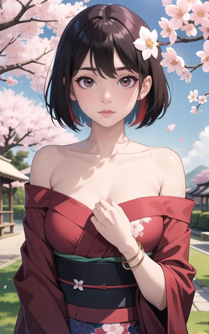 (highres,masterpiece,detailed), spring_\(season\),
<lora:add_detail:0.6> 1girl, bangs, bare_shoulders, black_hair, blue_sky, blush, bracelet, branch, breasts, brown_eyes, camellia, cherry_blossoms, cloud, collarbone, colored_inner_hair, day, dress, falling_petals, flower, hair_between_eyes, hair_flower, hair_ornament, hanami, hand_on_own_chest, holding_flower, japanese_clothes, jewelry, kimono, looking_at_viewer, multicolored_hair, off_shoulder, open_mouth, outdoors, petals, petals_on_liquid, pink_flower, pink_rose, plum_blossoms, red_flower, red_hair, red_rose, rose, rose_petals, short_hair,
spring_\(season\), cherry blossoms, vanishing point, depth_of_field, scenery, solo, looking at viewer, absurdres,