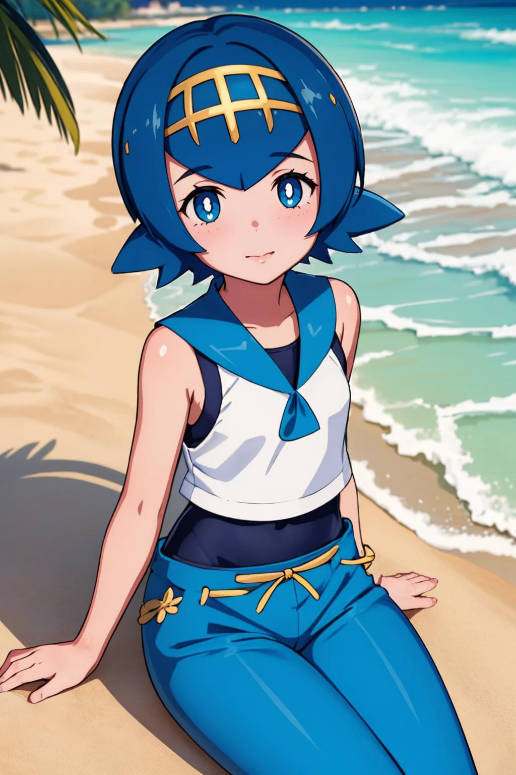 ultra detailed, sharp focus, best quality, masterpiece, colorful, <lora:pkmnlana-nvwls-v1:1> pkmnLana, 1girl, white pupils, looking at the viewer, hairband, blue sailor collar, sleeveless white shirt, swimsuit under clothes, blue pants, from above, sitting, sand