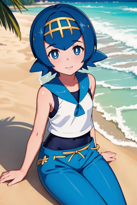 ultra detailed, sharp focus, best quality, masterpiece, colorful, <lora:pkmnlana-nvwls-v1:1> pkmnLana, 1girl, child, white pupils, looking at the viewer, hairband, blue sailor collar, sleeveless white shirt, swimsuit under clothes, blue pants, from above, sitting, sand