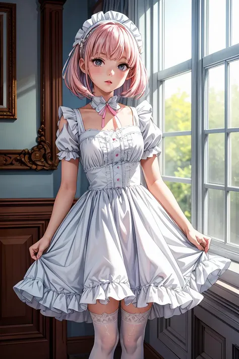 (masterpiece, best quality), 1girl, blue and white frill dress, (white stockings), pink hair, cute face, standing, indoor, intricate detail, sunlight, <lora:add_detail:1>